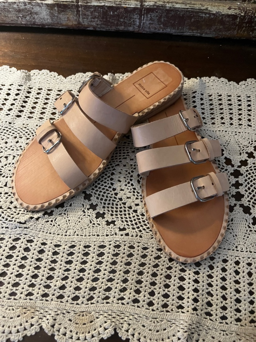 Dolce Vita Neutral Beige Leather Espadrille Wedge Sandals, Size 7